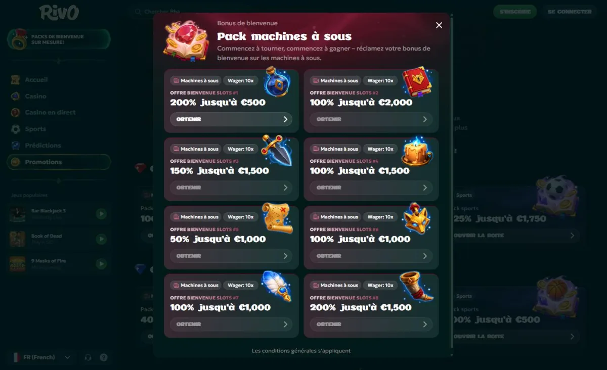 Les 8 paliers du pack de bienvenue machines à sous Rivo