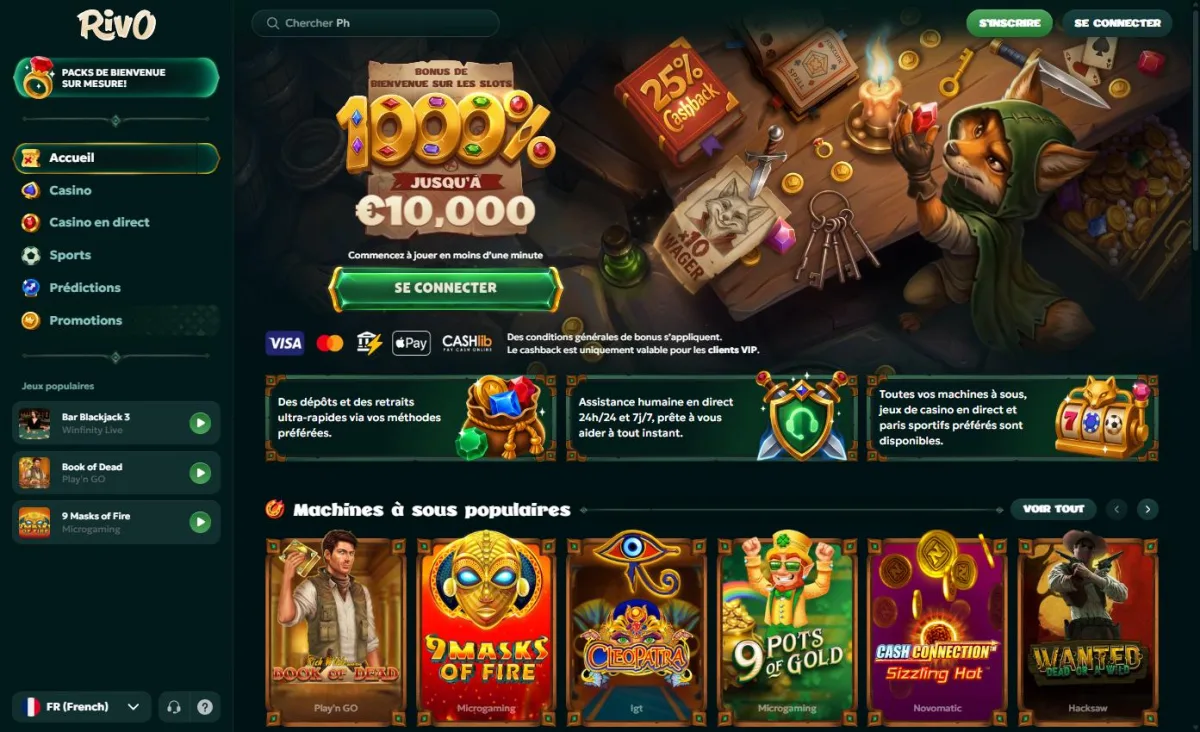 Page d'accueil de Rivo Casino avec le bonus de 1000 % sur les machines à sous
