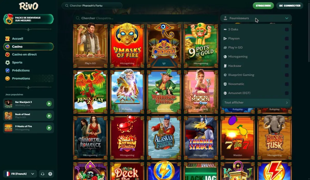 Menu déroulant du filtre Fournisseurs dans le lobby Rivo