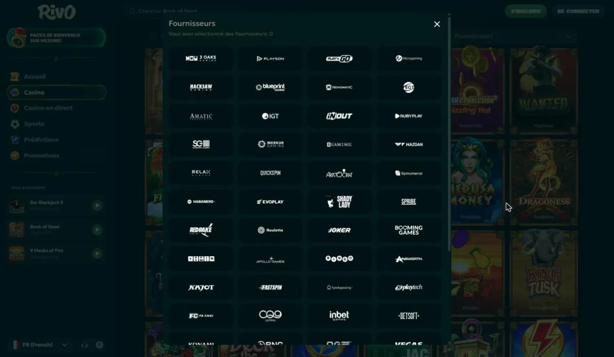 Fenêtre des fournisseurs de jeux dans le lobby de Rivo