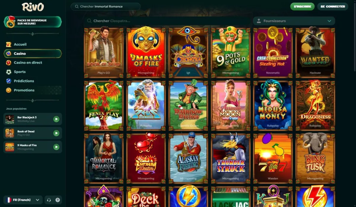Lobby casino de Rivo avec Book of Dead, 9 Masks of Fire et Cleopatra