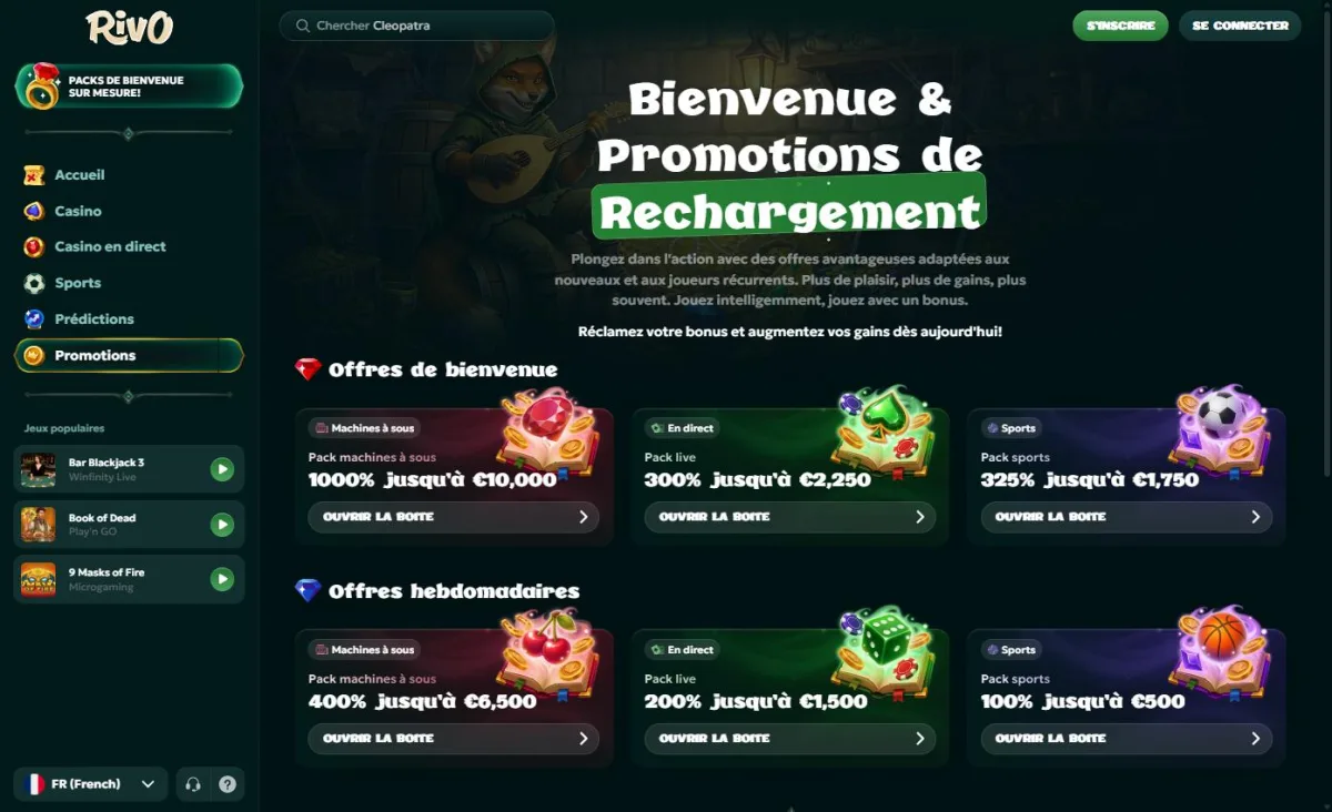 Page des promotions Rivo avec les packs de bienvenue et hebdomadaires