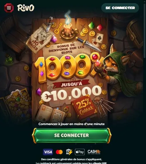 Version mobile du site Rivo Casino ouverte dans le navigateur