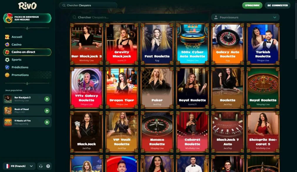 Tables du casino en direct Rivo : roulette, blackjack et baccarat