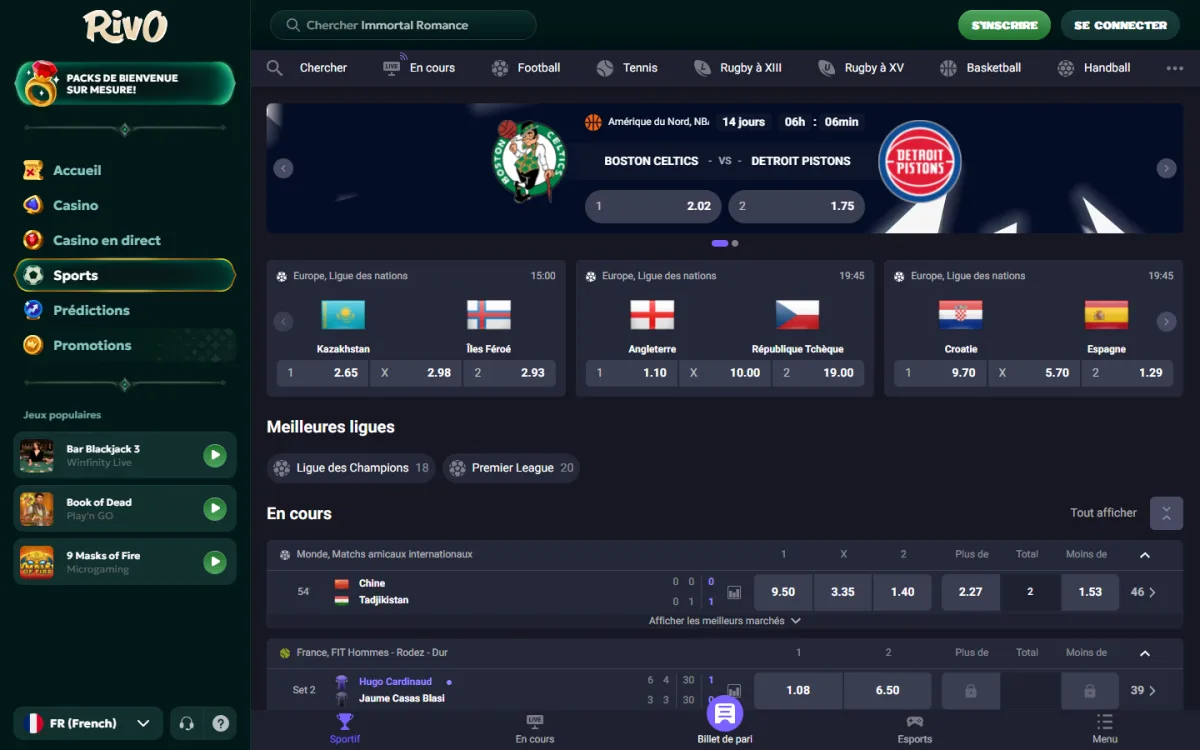 Section paris sportifs de Rivo avec les cotes de la Ligue des nations